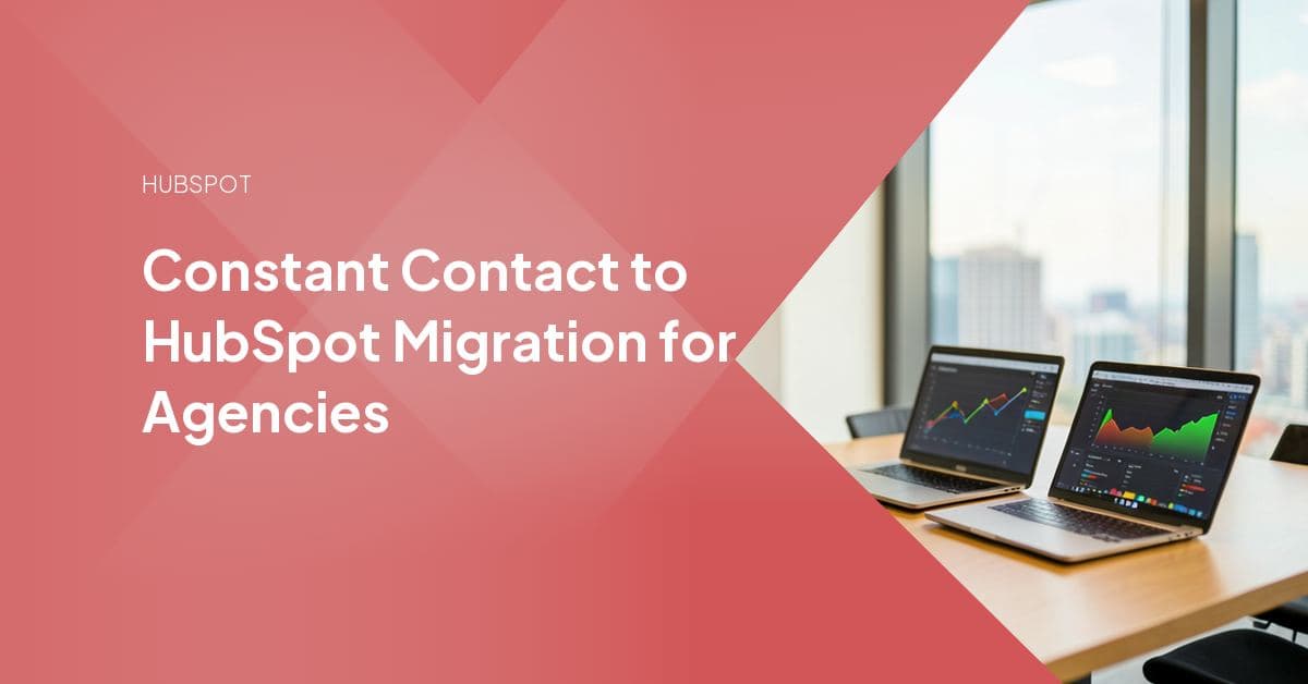 Illustration of contact lists and email workflows moving from a Constant Contact dashboard into a HubSpot CRM screen, representing an agency-led email platform migration.