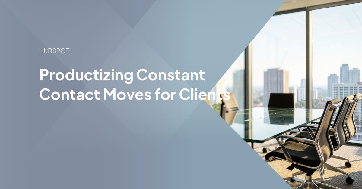Illustration of contact lists and email workflows moving from a Constant Contact dashboard into a HubSpot CRM screen, representing an agency-led email platform migration.