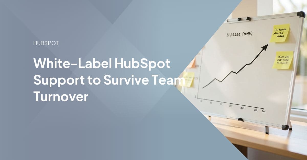 A HubSpot portal dashboard flanked by a pod of specialists, illustrating delivery that stays continuous even as individual team members change