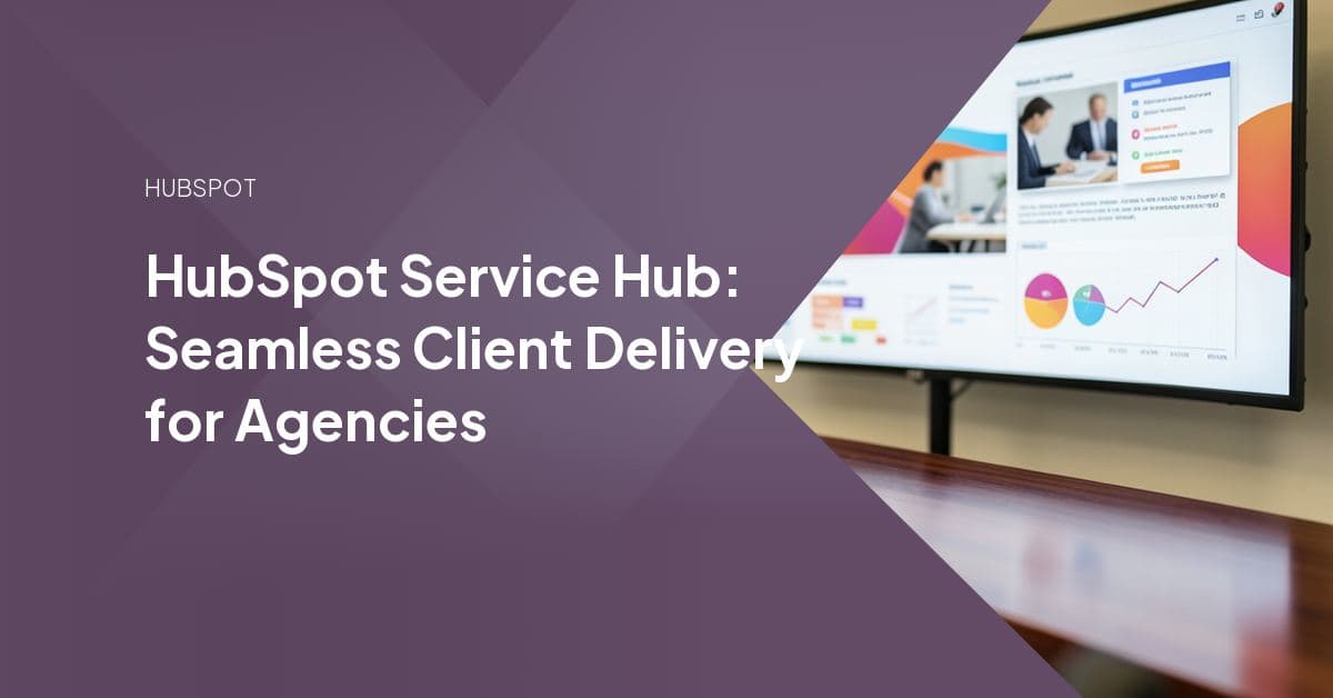 An agency support rep reviews ticket queues and client sentiment alerts on a HubSpot Service Hub dashboard while white-labeling delivery for a client.