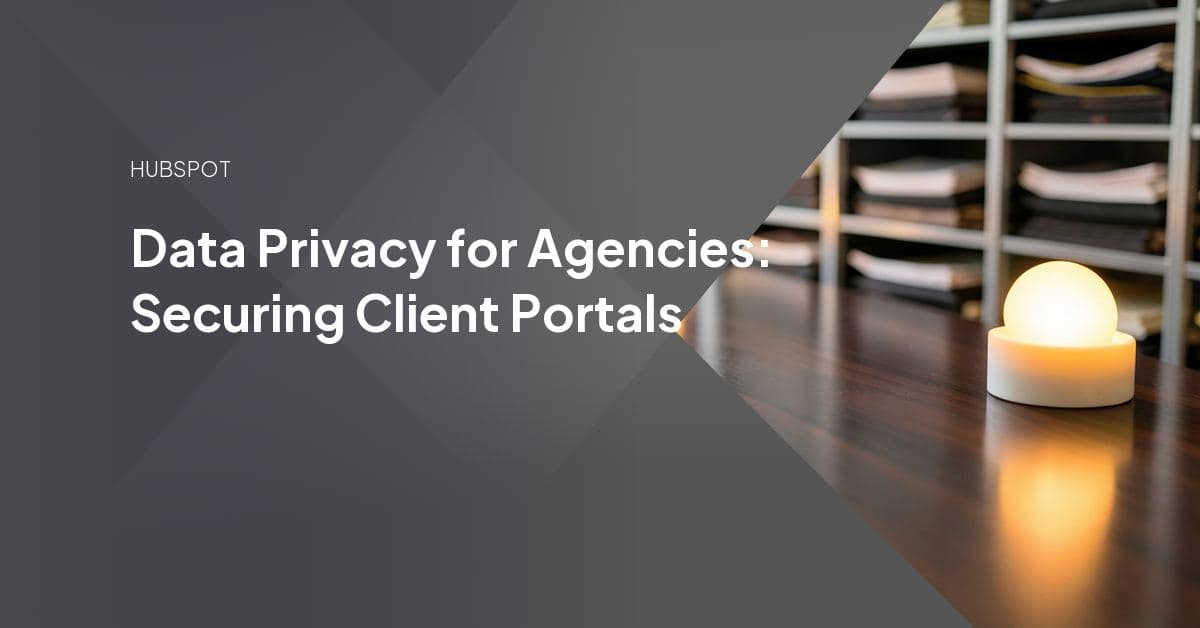 Two agency executives in a glass-walled conference room discussing client data security over a laptop, with a padlock icon overlaid on the scene