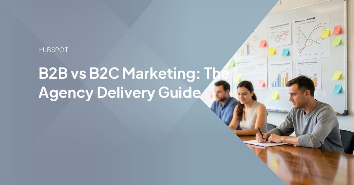 Two side-by-side marketing funnels: a long, multi-stage B2B funnel with stakeholders and demos versus a short, fast B2C funnel ending in a checkout.