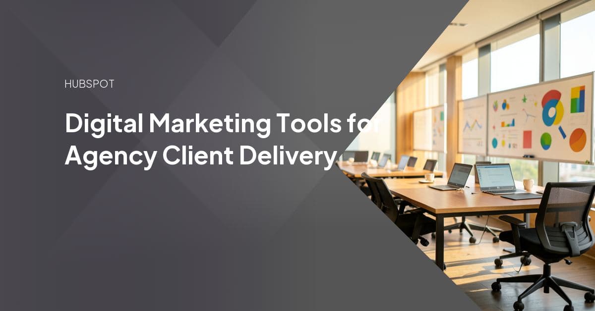 Icons for CRM, social scheduling, SEO, content, analytics, and automation tools arranged around a central dashboard, representing an agency's digital marketing delivery stack.