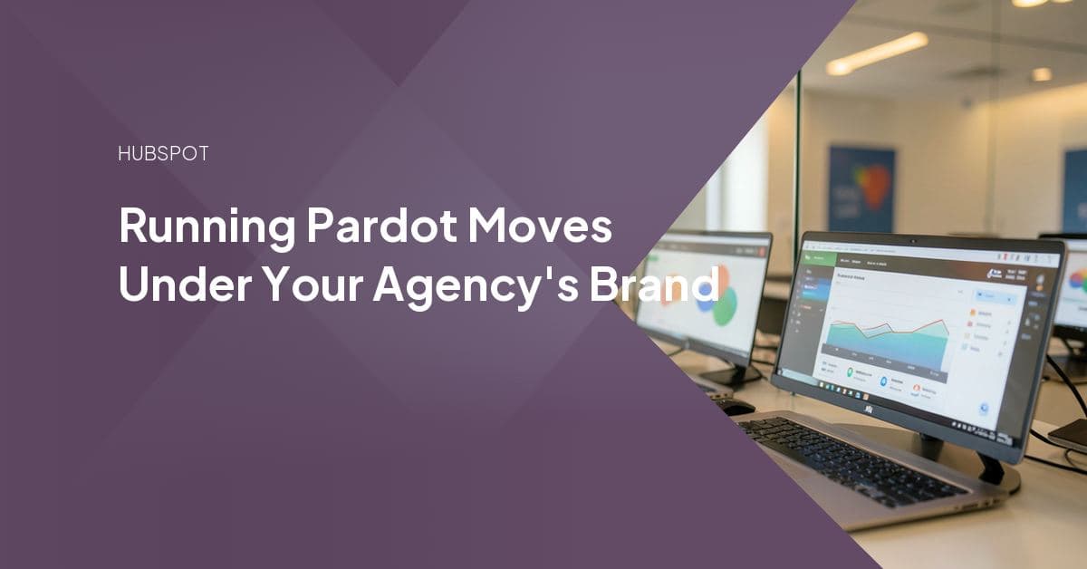 A Pardot funnel diagram transforming into a connected HubSpot CRM workflow, representing an agency-led platform migration for a client