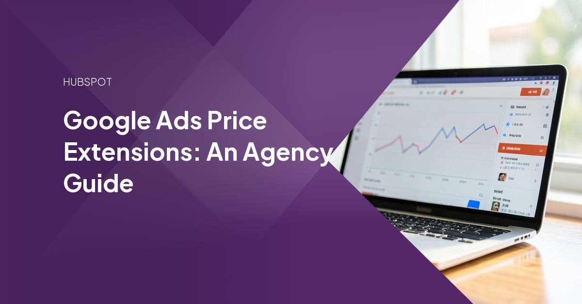 A Google Ads search result mockup showing a scrollable price-asset menu of products and prices displayed beneath the headline.