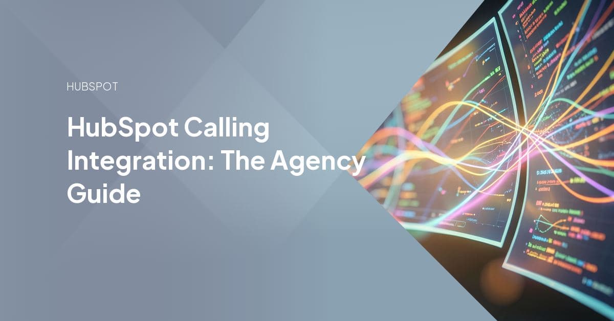 A HubSpot contact record showing a logged call with recording controls and call-outcome fields, alongside a phone system connecting to the CRM.