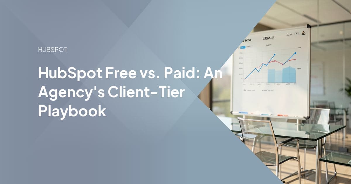 Agency team member comparing a HubSpot free-tier CRM dashboard against paid-tier automation and reporting screens on a laptop