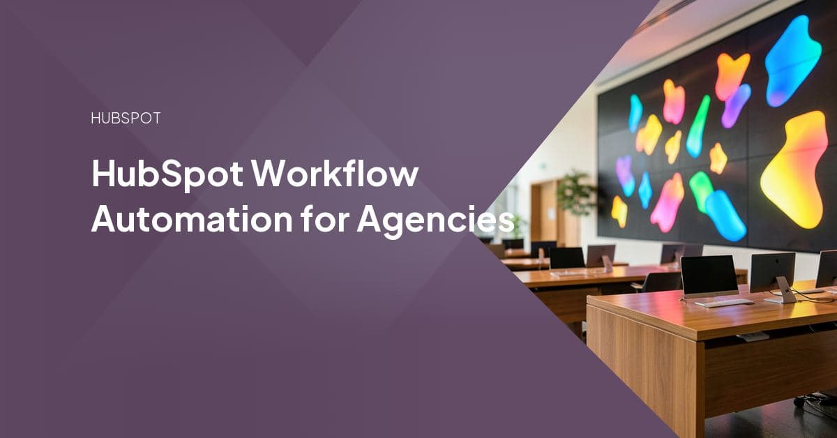 Agency team member reviewing a HubSpot workflow diagram on a laptop, with connected process icons for intake, deal stages, and reporting