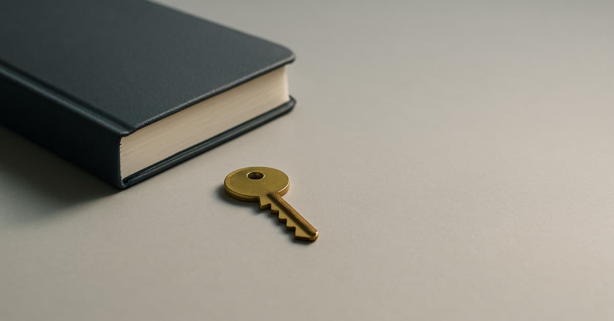 A small brass key resting on a pale grey desk beside a closed dark hardback notebook, with empty space to the right.