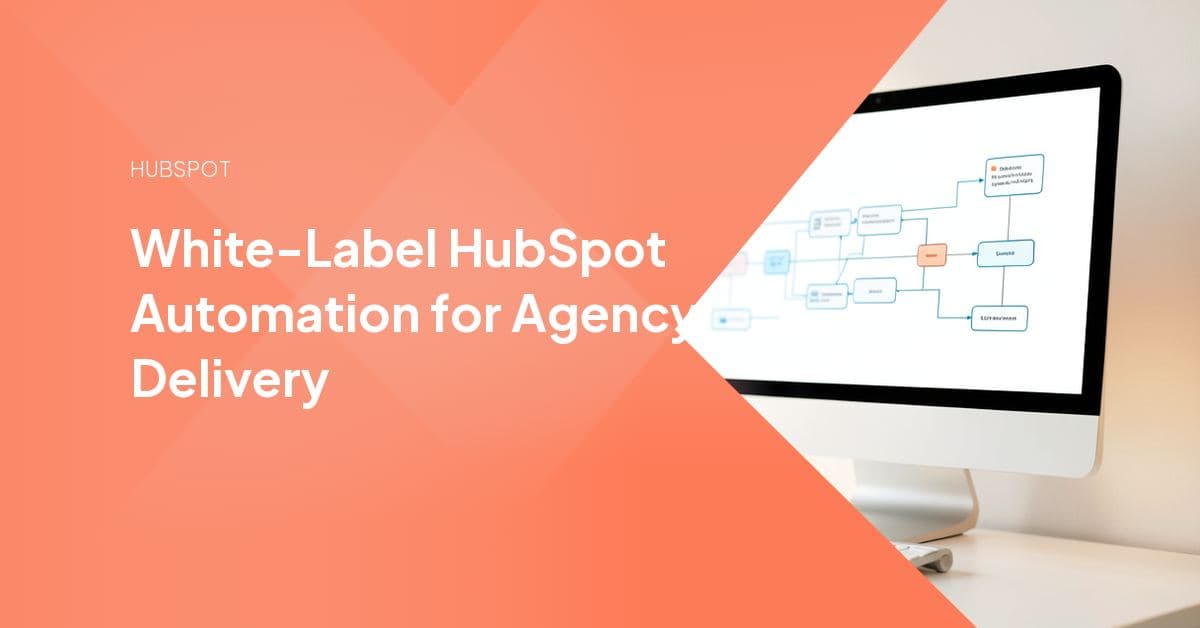 A HubSpot agency dashboard with automated workflow icons connecting portal audits, client onboarding, and reporting into one delivery pipeline