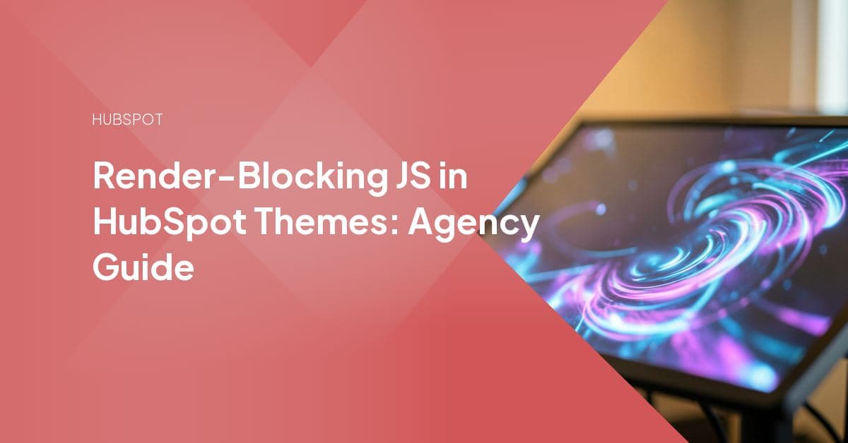 A browser DevTools performance waterfall highlighting HubSpot's jQuery and CTA current.js scripts as render-blocking, next to a checklist of controllable levers like fonts, images, and custom code.