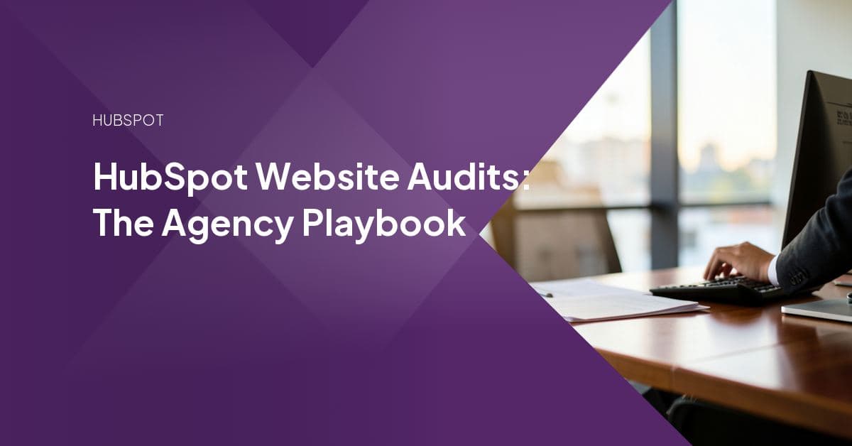 A marketer reviewing a HubSpot website audit dashboard with performance scorecards and a prioritized findings roadmap on a laptop screen.