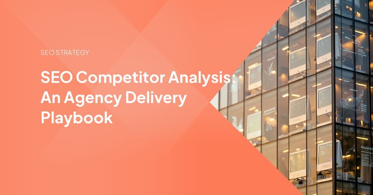 A side-by-side scorecard comparing a client's SEO metrics (SERP position, keyword distribution, content depth, and backlinks) against competitor rankings.