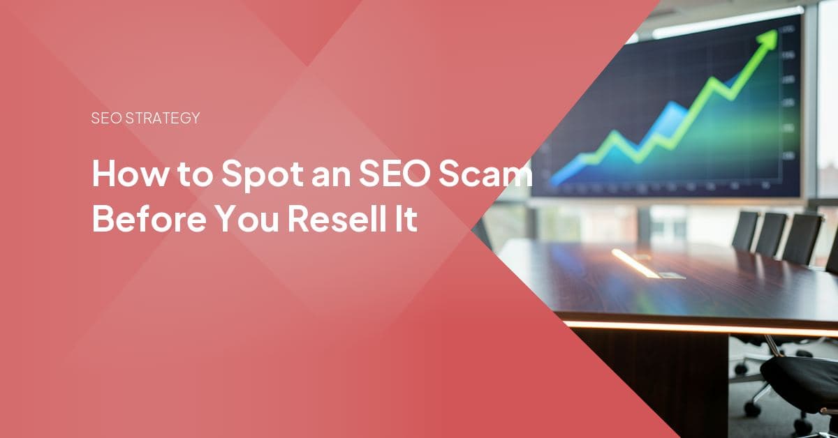 A magnifying glass over search result listings with a red warning flag, symbolizing the red flags agencies should check before reselling white-label SEO work.