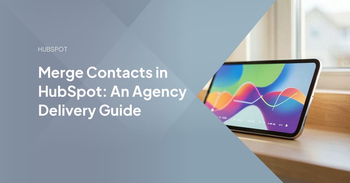 A HubSpot contacts dashboard showing duplicate contact records being consolidated into a single clean profile.
