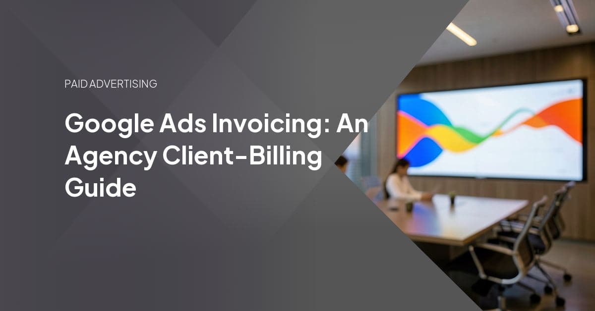 A stack of Google Ads invoices beside a laptop showing a billing dashboard, representing an agency reconciling client ad spend across accounts