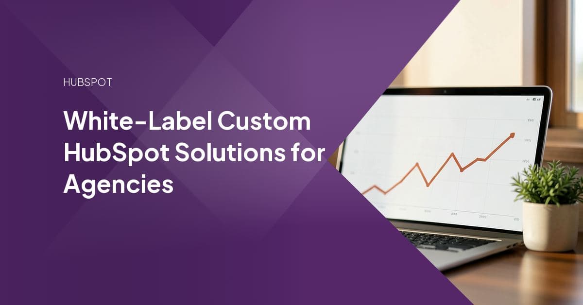 A HubSpot portal dashboard overlaid with custom object icons, API integration lines, and a tiered pricing chart, symbolizing white-label custom development delivered under an agency's brand