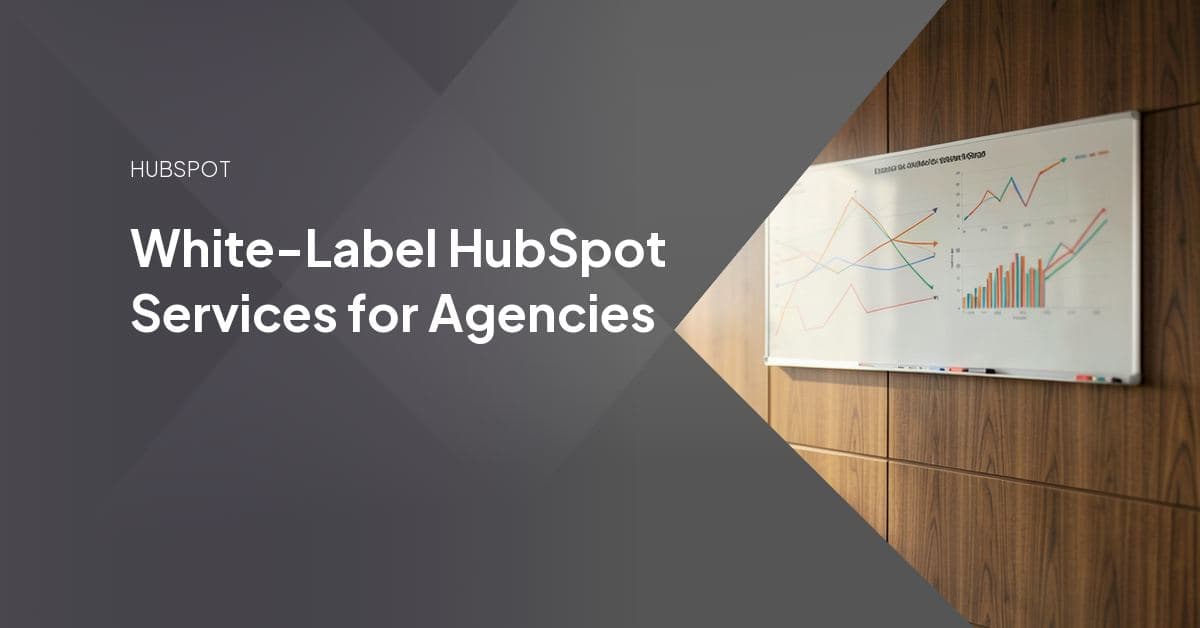 An agency account manager reviewing branded HubSpot reports and a service delivery roadmap, with the white-label delivery partner's work happening invisibly behind the scenes