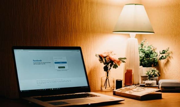 An open laptop sits on a table. The Facebook login screen is on the screen. On the table is a lamp, a book, a vase with flowers, and plants.