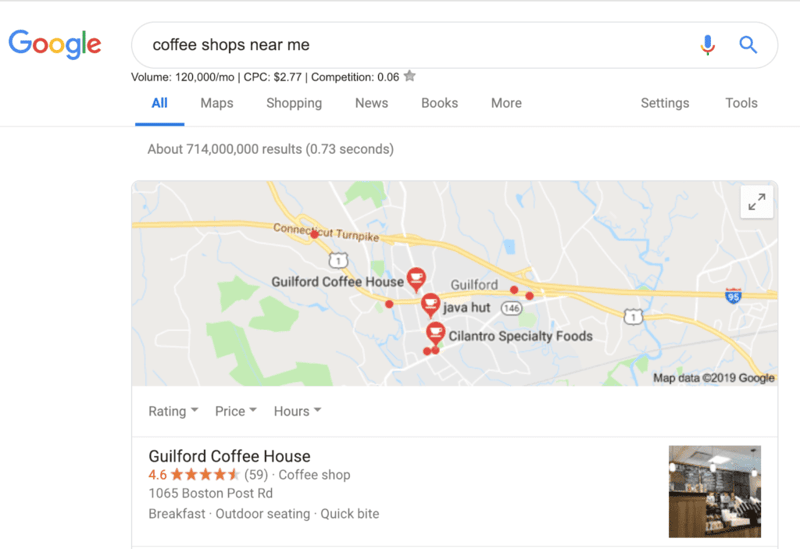 Google local search results for - coffee shops near me