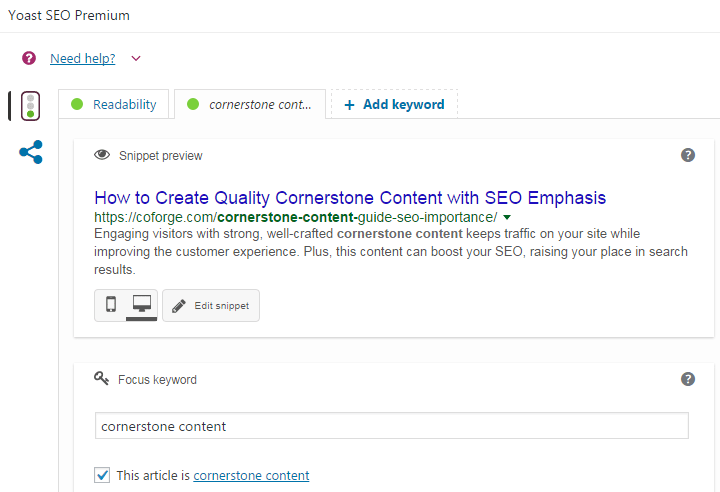 The Yoast SEO meta box is where you can indicate that your article is cornerstone content