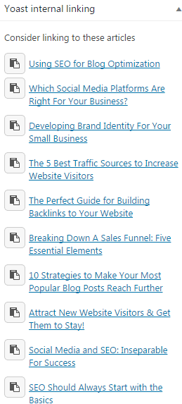 The yoast internal linking tool with article suggestions