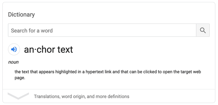 Anchor text definition: the clickable text of a hyperlink highlighted in blue with an underline.