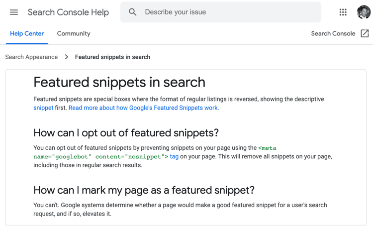 Google featured snippets in search