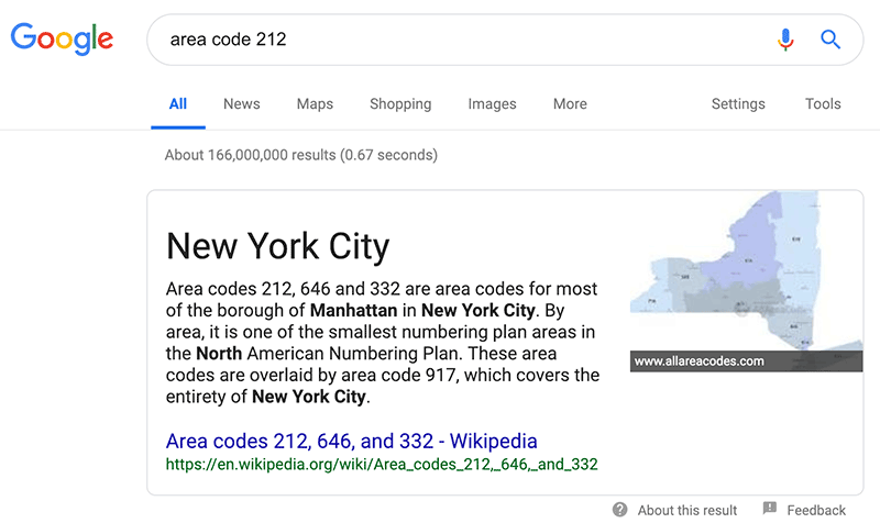 Google Search Tips: Google can lookup area codes