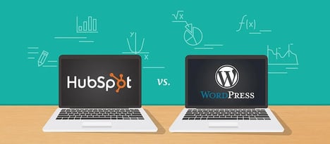 HubSpot logo on the screen of a cartoon laptop next to a WordPress logo on the screen of another cartoon laptop