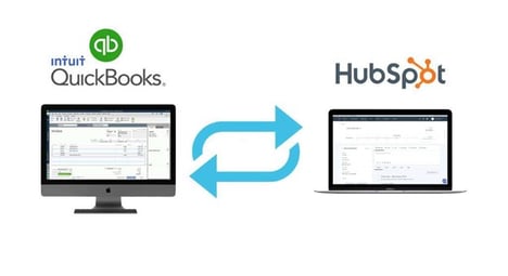 Intuit Quickbooks and HubSpot logos with arrows in between them to illustrate integration between the two apps.