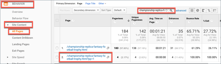 Finding the Page Data in Google Analytics