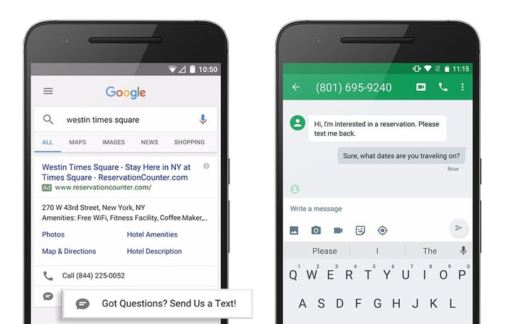 Google AdWords Text Message Extensions