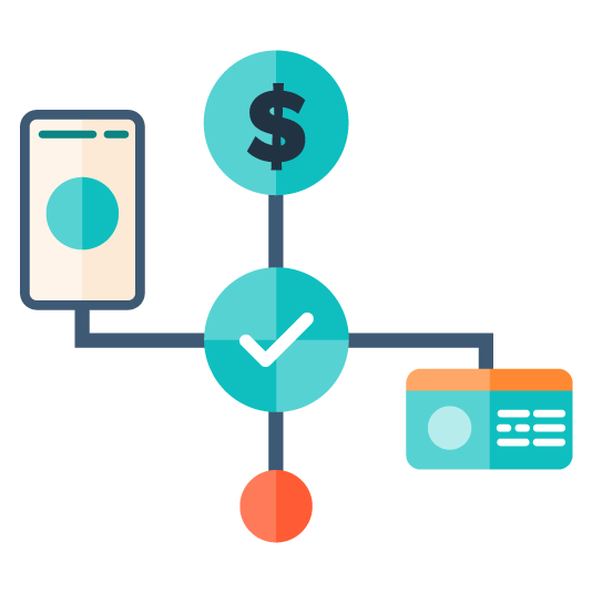Mobile phone connected to a checkbox, connected to a dollar sign, connected to a CRM, with a HubSpot orange circle at the bottom.