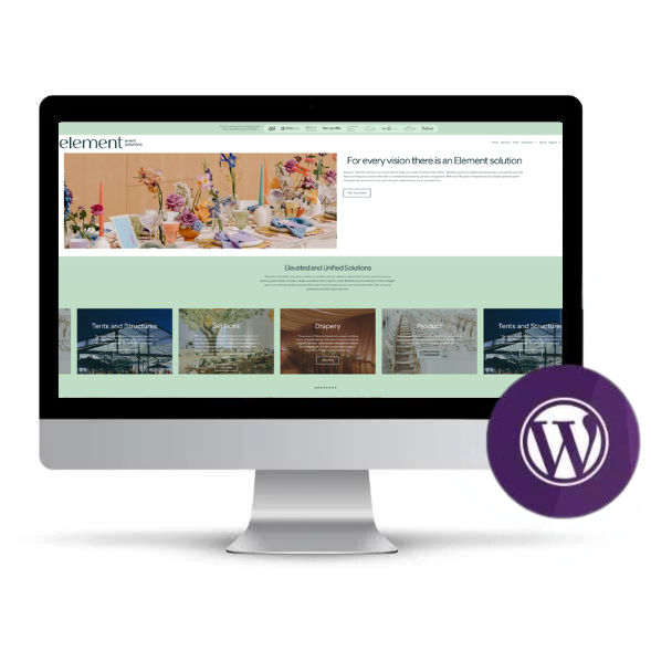 Element Event Solutions website homepage with WordPress logo in white and purple in the bottom right corner overlaying the computer monitor.